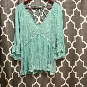 POL Lace V-Neck Blouse - Light Blue